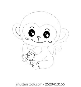 Cute monkey eats banana coloring pages for kids. Trace and color Monkey. Monkey on a white background vector. Coloring book for kids. Kindergarten and preschool worksheets printables for kids.