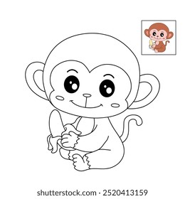 Macaco bonito come banana colorir páginas para crianças. Macaco de traço e cor. Macaco em um vetor de fundo branco. Livro de colorir para crianças. Planilhas para jardim de infância e pré-escola imprimíveis para crianças.
