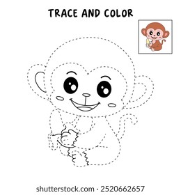 Cute monkey eats banana coloring pages for kids. Trace and color Monkey. Monkey on a white background vector. Coloring book for kids. Kindergarten and preschool worksheets printables for kids.