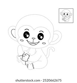 Cute monkey eats banana coloring pages for kids. Trace and color Monkey. Monkey on a white background vector. Coloring book for kids. Kindergarten and preschool worksheets printables for kids.
