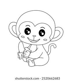 Cute monkey eats banana coloring pages for kids. Trace and color Monkey. Monkey on a white background vector. Coloring book for kids. Kindergarten and preschool worksheets printables for kids.