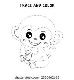 Cute monkey eats banana coloring pages for kids. Trace and color Monkey. Monkey on a white background vector. Coloring book for kids. Kindergarten and preschool worksheets printables for kids.