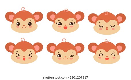 Cute monkey emoji icon set. Kawaii jungle animal icons. Messenger emoji. Kawaii chimp emoticon smiling. Happy facial expressions. Cartoon animals vector signs. Chibi anime monkeys emoticons.