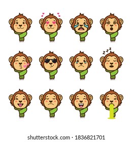 Cute monkey emoticon set isolated background