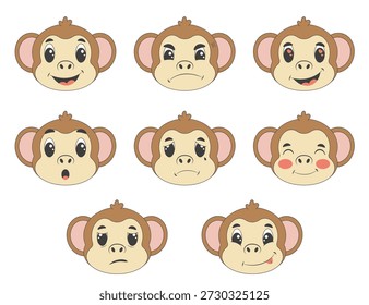 Cute monkey emotions cartoon faces set