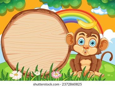 Cute Monkey with Empty Wooden Board illustration