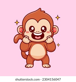 Cute Monkey Excited Cartoon Vector Icon Illustration. Animal Nature Icon Concept Isolated Premium Vector. Flat Cartoon Style