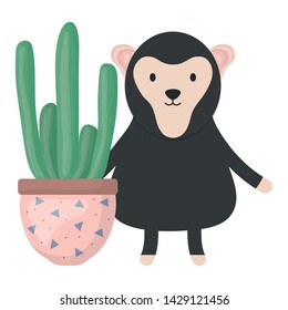 cute monkey with exotic cactus in ceramic pot