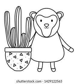 cute monkey with exotic cactus in ceramic pot