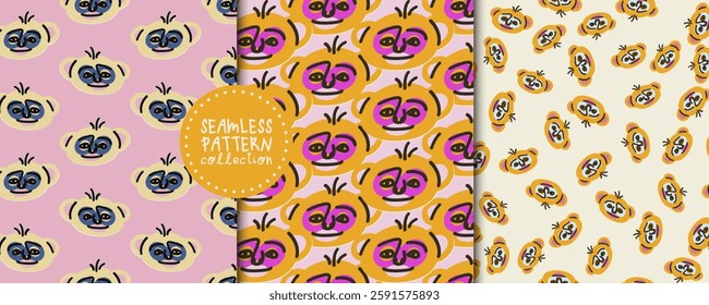 Cute monkey face. Bright set with children's vector seamless patterns, backgrounds, wallpapers, design elements, prints