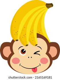 Cute monkey face with bunch of bananas on the head
