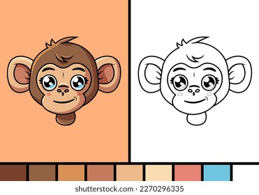 Cute monkey face cartoon illustration in coloring page style safari animal