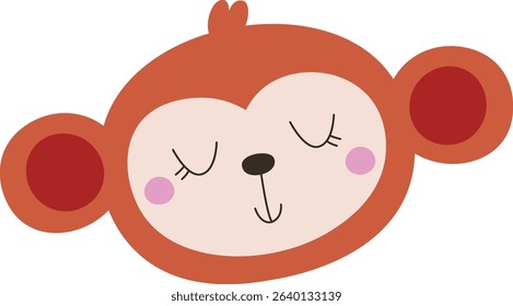 A cute monkey face with closed eyes and rosy cheeks in a cartoon style. The animal's expression is peaceful and charming, featuring rounded ears and a small nose. Cartoon vector illustration.