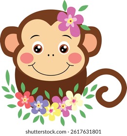 Cute Monkey Face with Colorful Flowers

