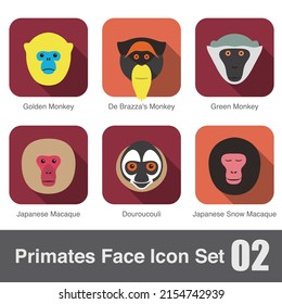 cute monkey face flat icon set  vector illustration