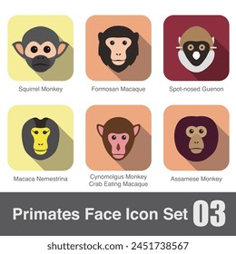 cute monkey face flat icon set  vector illustration