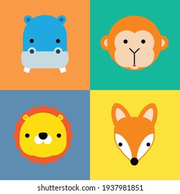 Cute monkey face, hippo faced, lion face, fox face . Little in cartoon style. Vector illustration