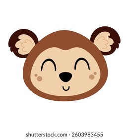 Cute monkey face, isolated cartoon clipart. Jungle animal hand drawn vector illustration in flat style