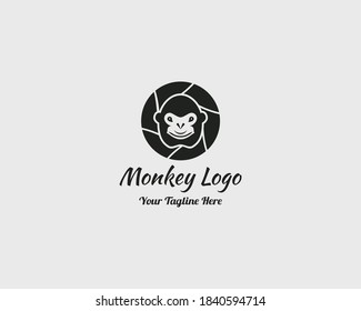 Cute monkey face, media circle, camera lens vector illustration logo design template