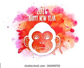 Cute Monkey Face On Colorful Splash For Chinese New Year 2016 Celebration.