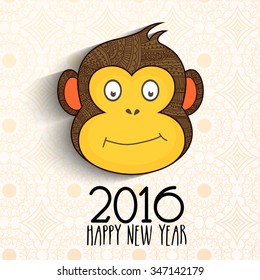 Cute Monkey face on floral decorated background for Happy Chinese New Year 2016 celebration.