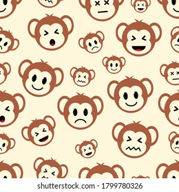 cute monkey face seamless pattern with different emoticons
