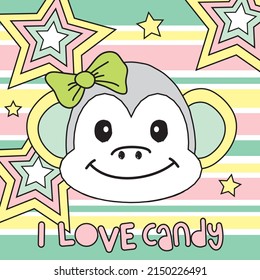 Cute monkey face with starts on stripes background vector illustration. I love candy.