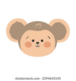 Cute monkey face vector illustration. Adorable cartoon animal in soft brown tones with a smile. Playful and fun design for children's products, nursery decor, prints, and educational materials.