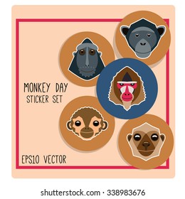 Cute monkey faces sticker set: chimpanzee, mandrill, macaque