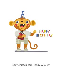 A cute monkey in a festive hat is holding a gift. Happy birthday inscription. Perfect for greetings and postcards