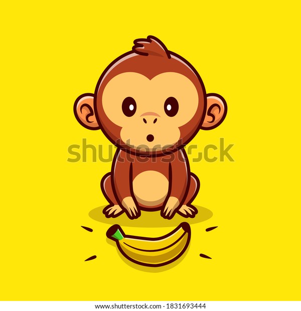 かわいい猿がバナナを見つけ 漫画のベクター画像アイコンイラスト 動物の食べ物のアイコンコンセプト 分離型プレミアムベクター画像 フラットカートーンスタイル のベクター画像素材 ロイヤリティフリー