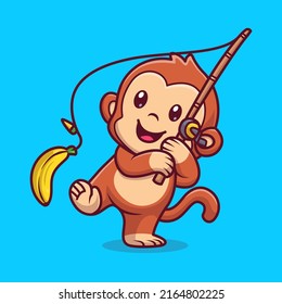 Cute Monkey Fishing Banana Cartoon Vector Icon Illustration. Animal Nature Icon Concept Isolated Premium Vector. Flat Cartoon Style