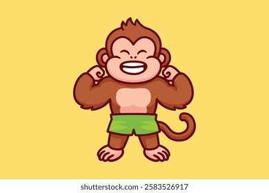 Cute monkey flexing muscle cartoon illustration