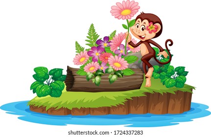 Cute monkey in the flower garden on an island illustration