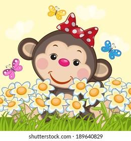 Cute Monkey, flowers and butterflies