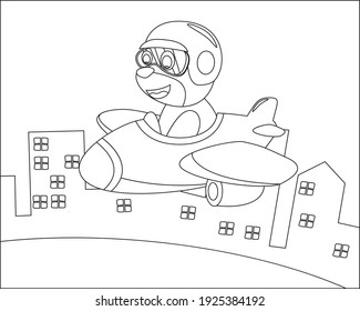 Cute monkey flying in airplane, cartoon hand drawn vector illustration. Cartoon isolated vector illustration, Creative vector Childish design for kids activity colouring book or page.