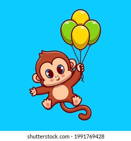 Cute Monkey Flying With Balloon Cartoon Vector Icon Illustration. Animal Holiday Icon Concept Isolated Premium Vector. Flat Cartoon Style