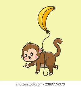 cute monkey flying with banana balloon
