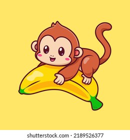 Cute Monkey Flying With Banana Cartoon Vector Icon Illustration. Animal Education Icon Concept Isolated Premium Vector. Flat Cartoon Style