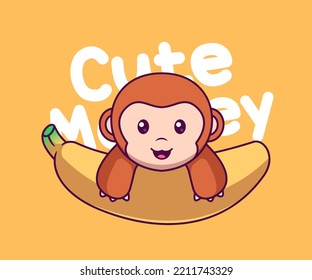 Cute Monkey Flying With Banana Cartoon Vector Icon Illustration