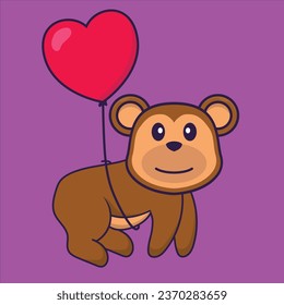 Cute monkey flying with love shaped balloons. Animal cartoon concept isolated. Can used for t-shirt- greeting card- invitation card or mascot.