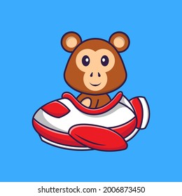 Cute monkey flying on a plane. Animal cartoon concept isolated. Can used for t-shirt, greeting card, invitation card or mascot.