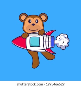 Cute monkey flying on rocket. Animal cartoon concept isolated. Can used for t-shirt, greeting card, invitation card or mascot.