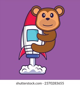 Cute monkey flying on rocket. Animal cartoon concept isolated. Can used for t-shirt- greeting card- invitation card or mascot.