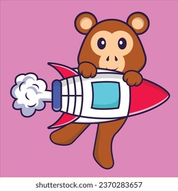 Cute monkey flying on rocket. Animal cartoon concept isolated. Can used for t-shirt- greeting card- invitation card or mascot.