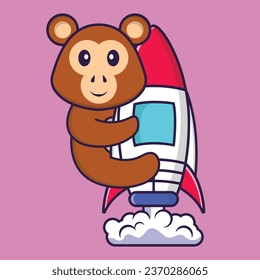 Cute monkey flying on rocket. Animal cartoon concept isolated. Can used for t-shirt- greeting card- invitation card or mascot.