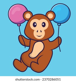 Cute monkey flying with two balloons. Animal cartoon concept isolated. Can used for t-shirt- greeting card- invitation card or mascot.