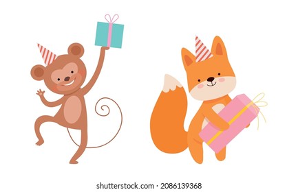 Cute Monkey and Fox Wearing Birthday Hat and Holding Gift Box Celebrating Holiday Vector Set.