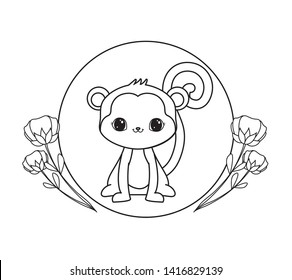 cute monkey in frame circular with flowers