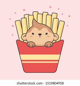 Cute monkey in french fries box cartoon animal character vector. Cartoon character design.